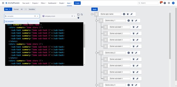 Screenshot of a project management tool with a dark theme, showing code for task templates on the left and a task hierarchy on the right.